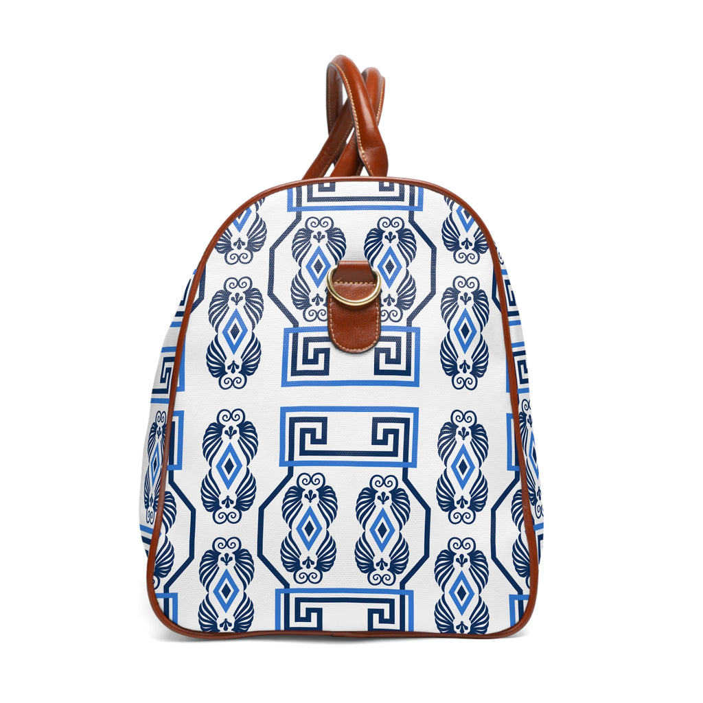 Greek Key White Waterproof Travel Bag