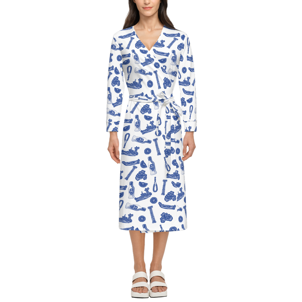 VOSRIO Social Club Blue Women's ¾ Sleeve Wrap Dress-Heavy Knit