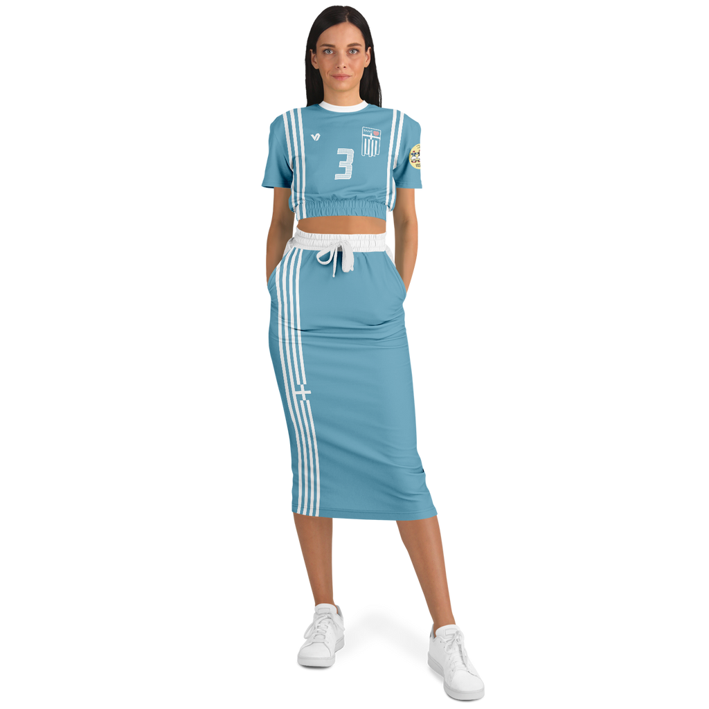 Hellas Athletic Represent Blue Cropped Short Sleeve Sweatshirt & Long Pocket Skirt