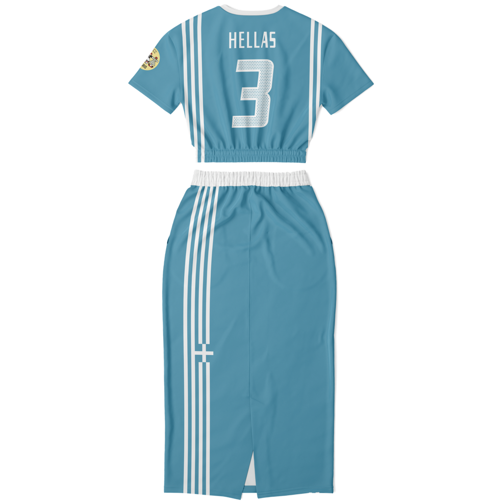 Hellas Athletic Represent Blue Cropped Short Sleeve Sweatshirt & Long Pocket Skirt